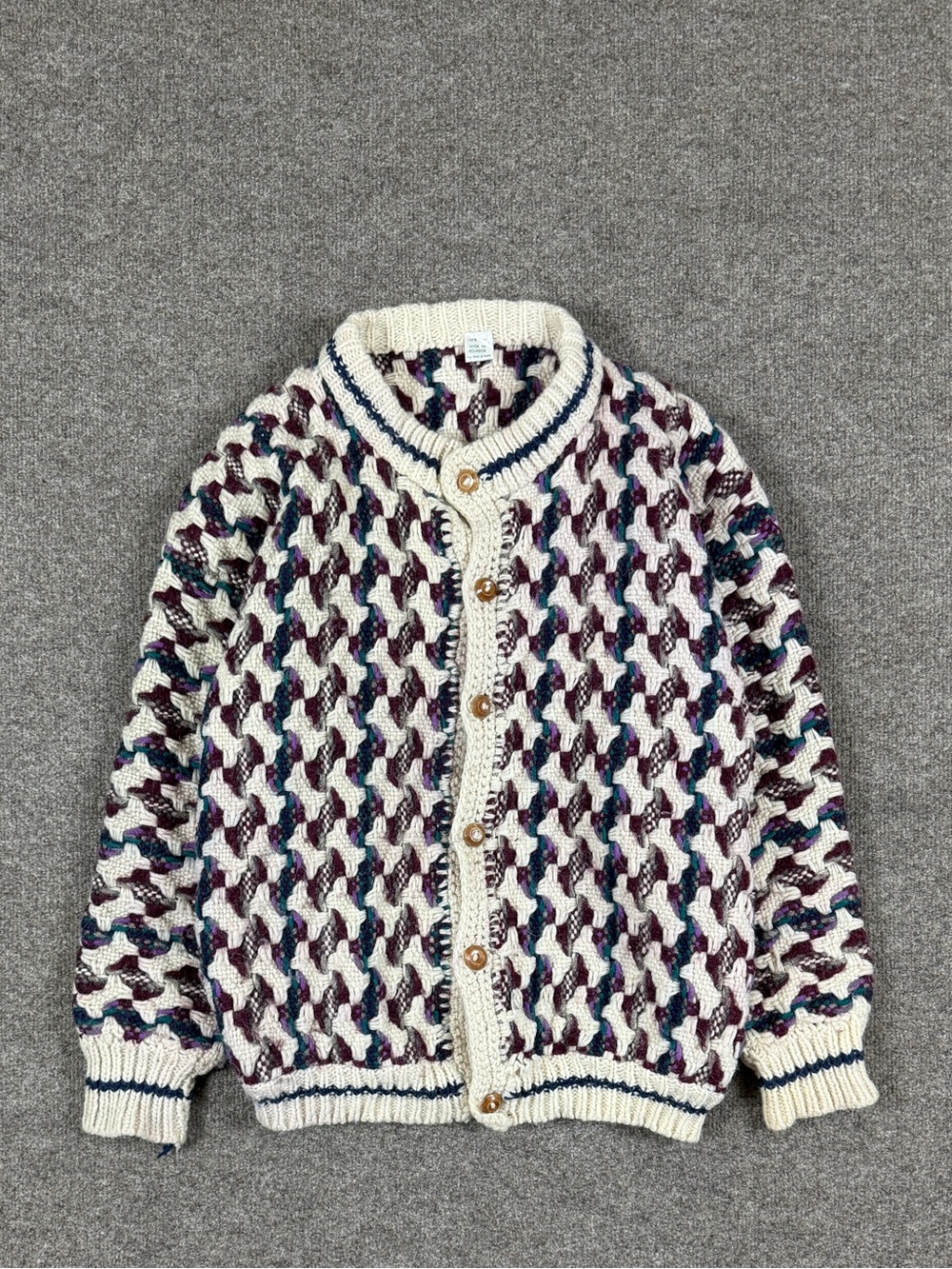 Vintage Hand Knit 100% Wool Cardigan Sweater Men’s Large Chunky Knit Heavyweight